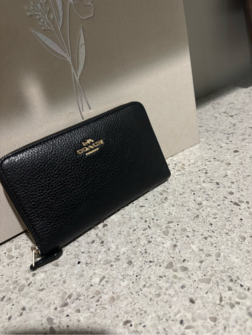 Coach Black Pebbled Leather Zip Wallet with Gold Logo